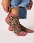 Glitzernde Knöchelsocken Leopardenmuster braun/rosa, One Size 36-40