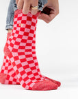 Damensocken kariert rot und rosa, One Size 36-40
