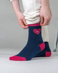 Damensocken Herzchen marineblau-rot, One Size 36-40