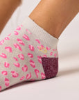 Glitzernde Knöchelsocken Leopardenmuster weiss/weinrot, One Size 36-40