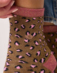 Glitzernde Damensocken Leopardenmuster braun-altrosa, One Size 36-40