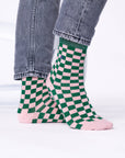 Damensocken kariert grün/rosa, One Size 36-40