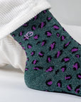 Glitzernde Damensocken Leopardenmuster grün/ violett, One Size 36-40