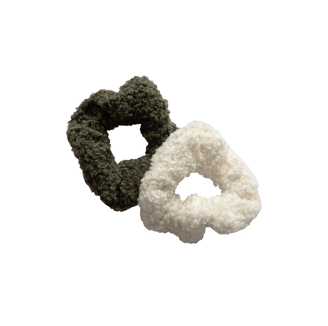 Teddy-Haargummis 2er-Set, khaki & ecru, 12 cm