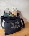 Tragetasche mit Stick Glück dunkelblau, 37x40 cm