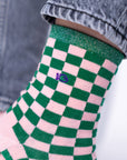 Damensocken kariert grün/rosa, One Size 36-40
