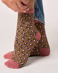 Glitzernde Damensocken Leopardenmuster braun-altrosa, One Size 36-40