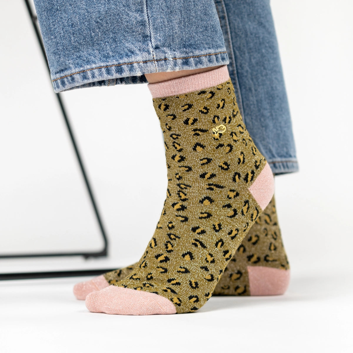 Glitzernde Damensocken Leopardenmuster olivgrün, One Size 36-40