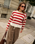 Pullover gestreift mit Spitzen rot-creme, One Size