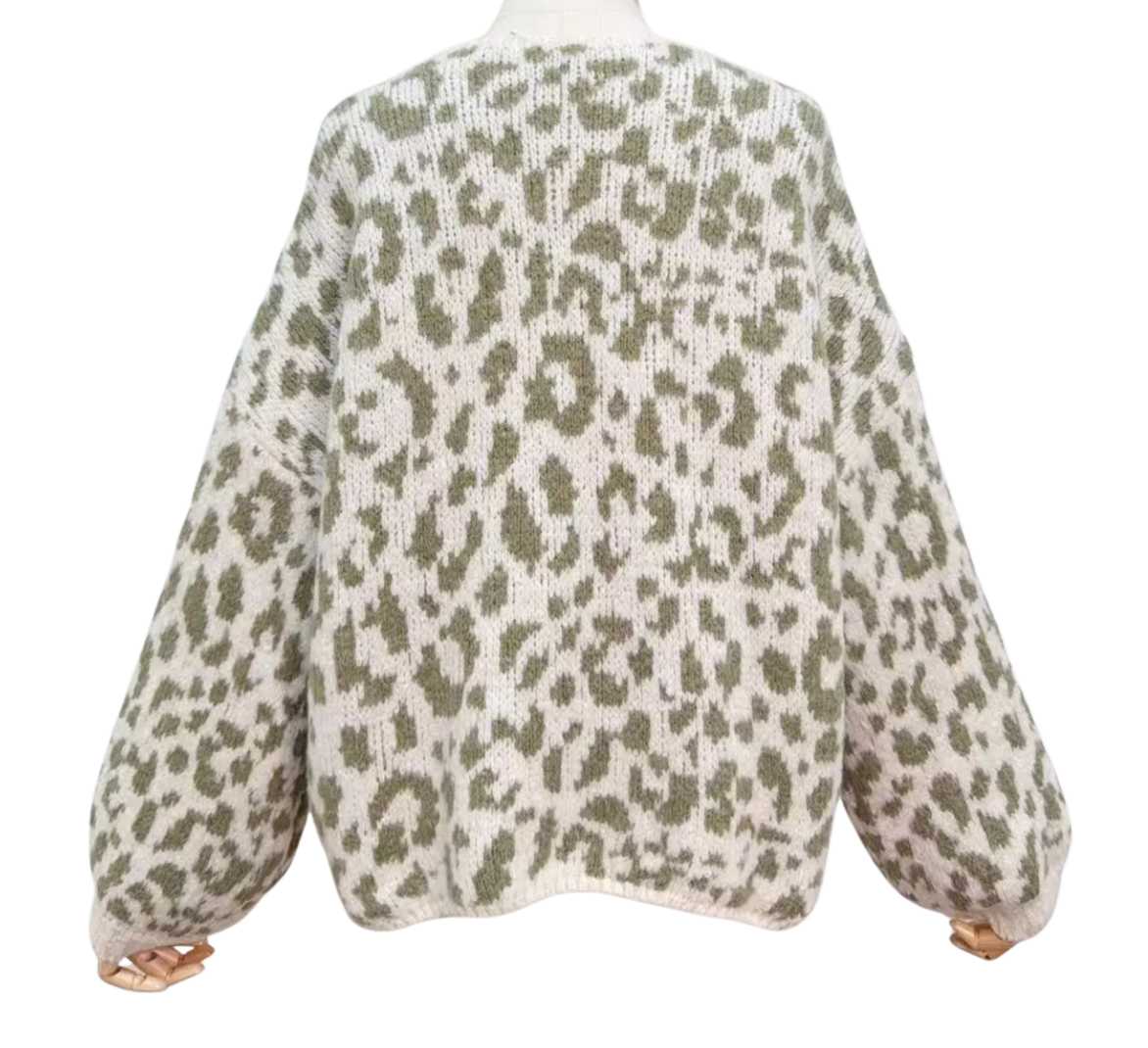 Strickjacke Leopardenmuster rohweiss/grün One Size