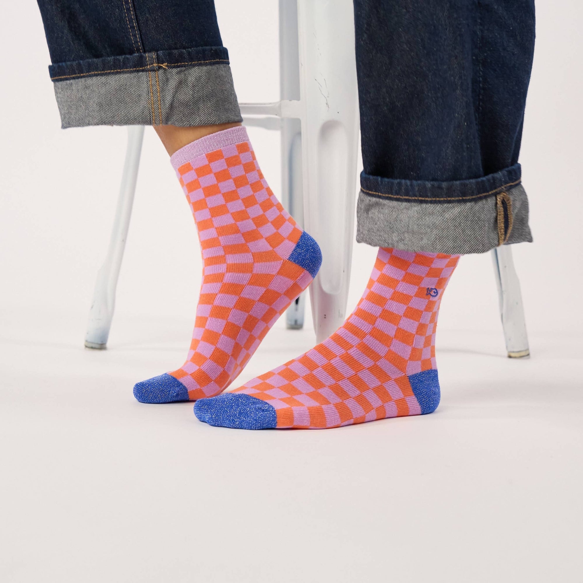 Damensocken kariert orange/violett, One Size 36-40
