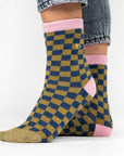 Damensocken kariert khaki/blau, One Size 36-40