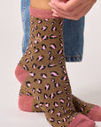 Glitzernde Damensocken Leopardenmuster braun-altrosa, One Size 36-40
