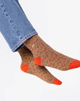Glitzernde Damensocken Leopardenmuster braun-orange, One Size 36-40
