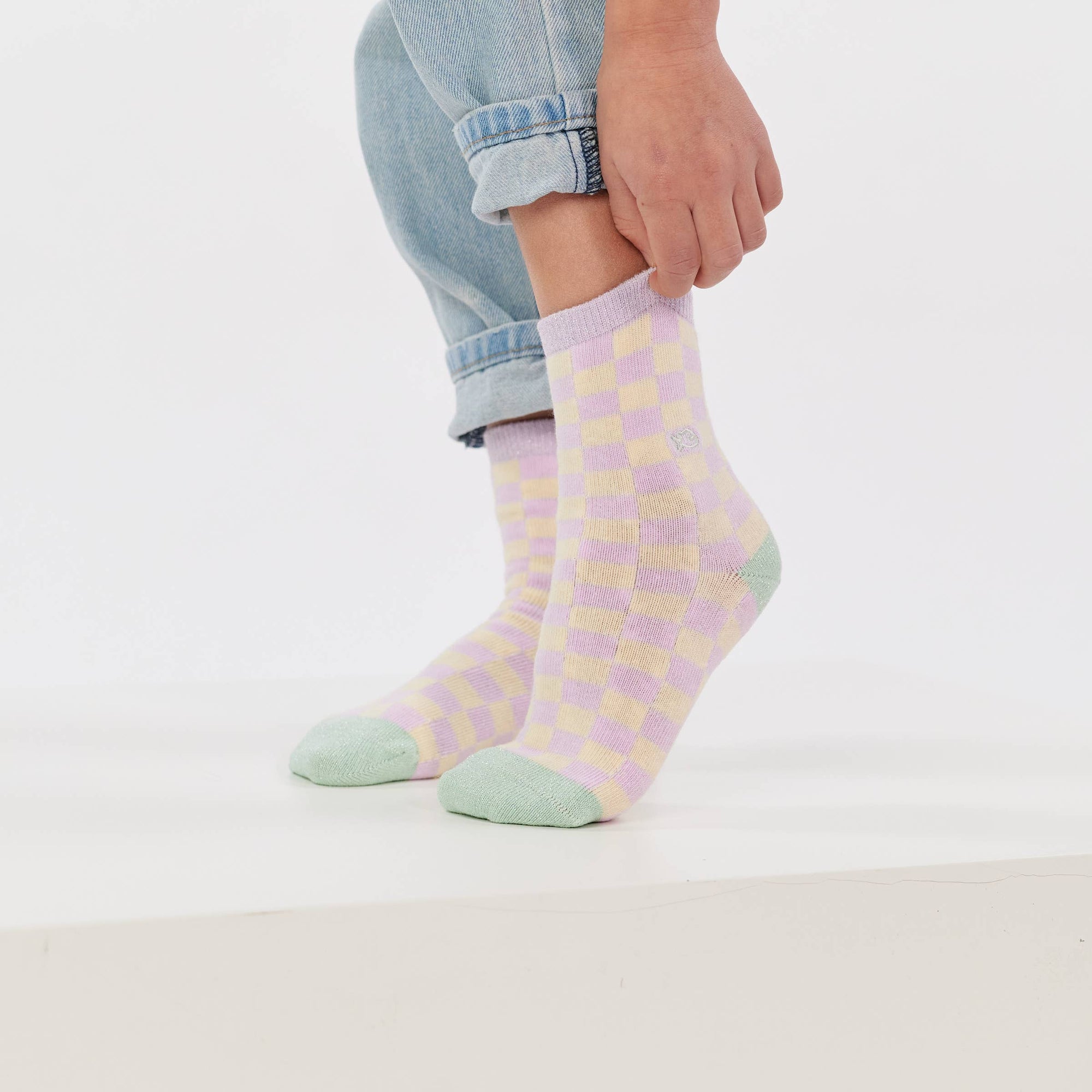 Mädchensocken kariert violett-gelb-grün