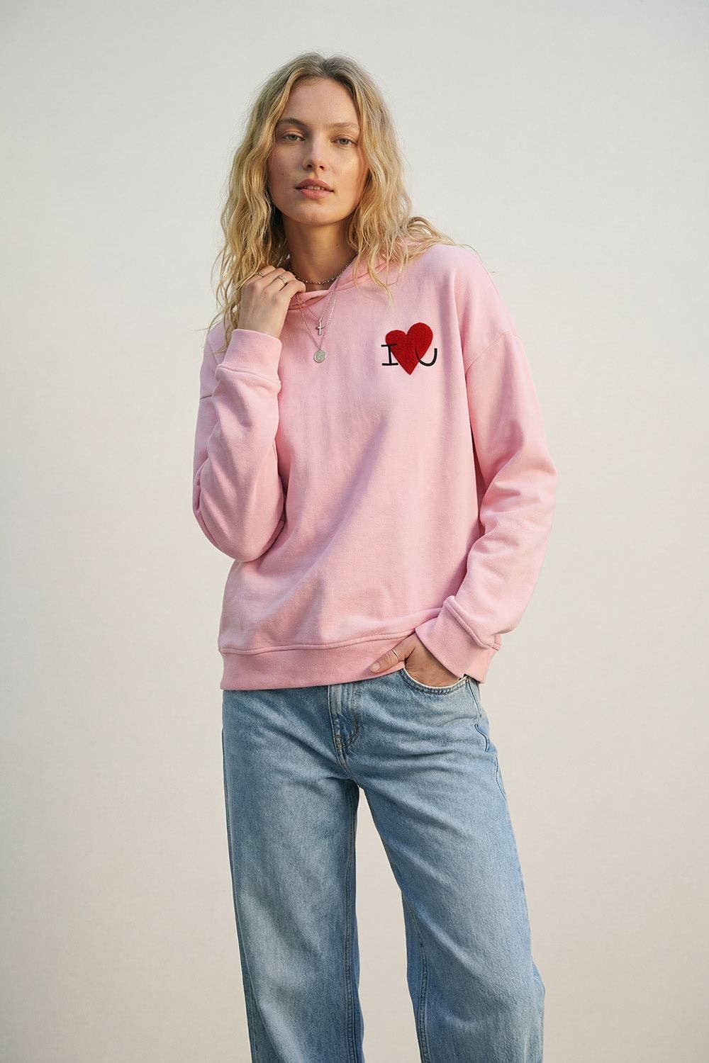 Hoodie mit Bouclé-Herz rosa, One Size