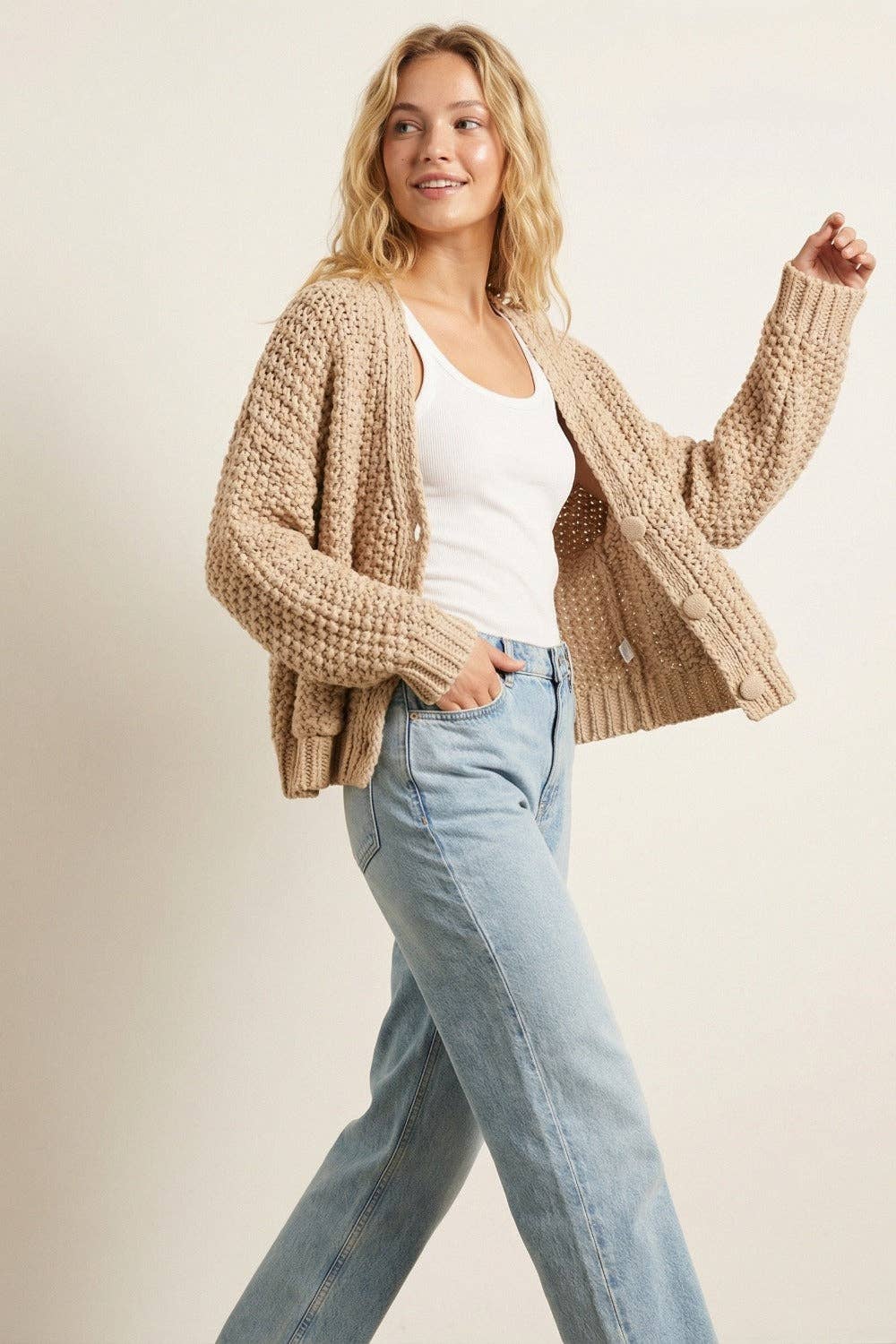 grob gestrickte Jacke mit Taschen, beige, One Size