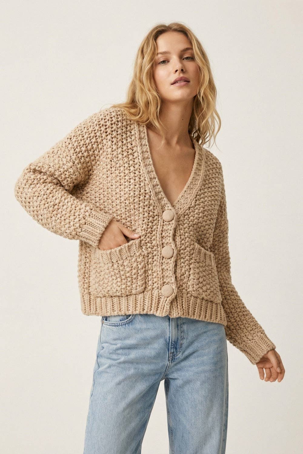 grob gestrickte Jacke mit Taschen, beige, One Size