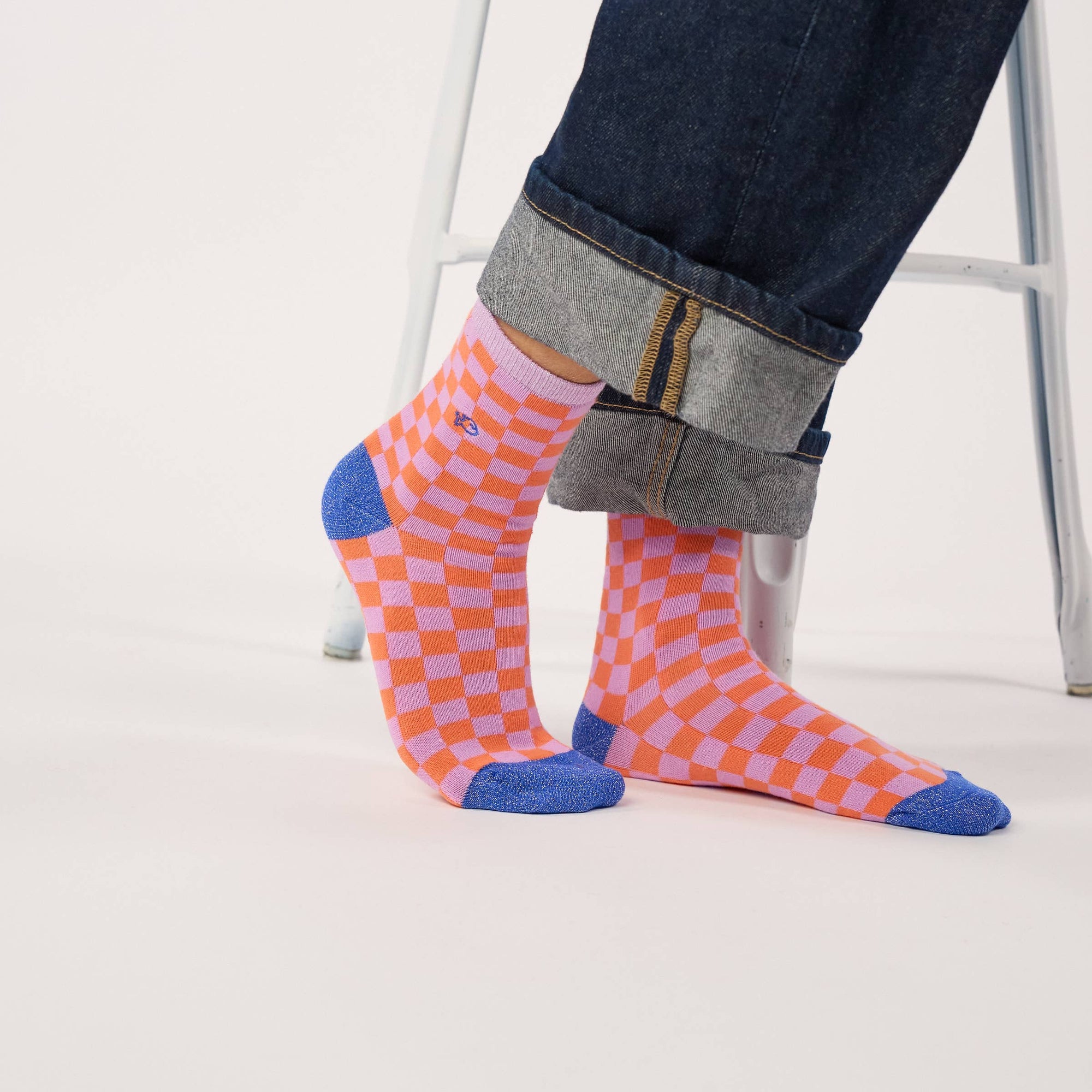 Damensocken kariert orange/violett, One Size 36-40
