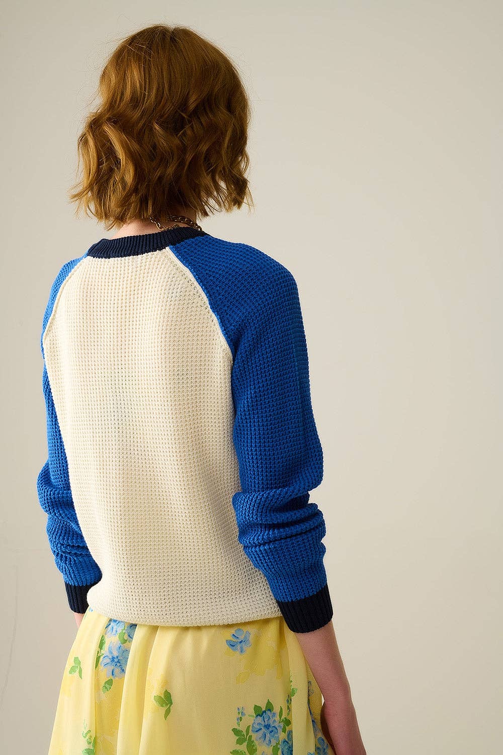 Waffelstrickpullover ecru/blau