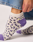 Glitzernde Knöchelsocken Leopardenmuster ecru/violett, One Size 36-40