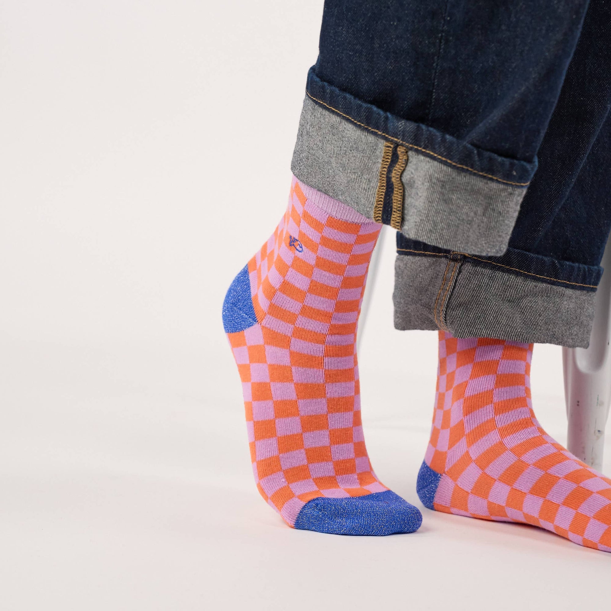 Damensocken kariert orange/violett, One Size 36-40