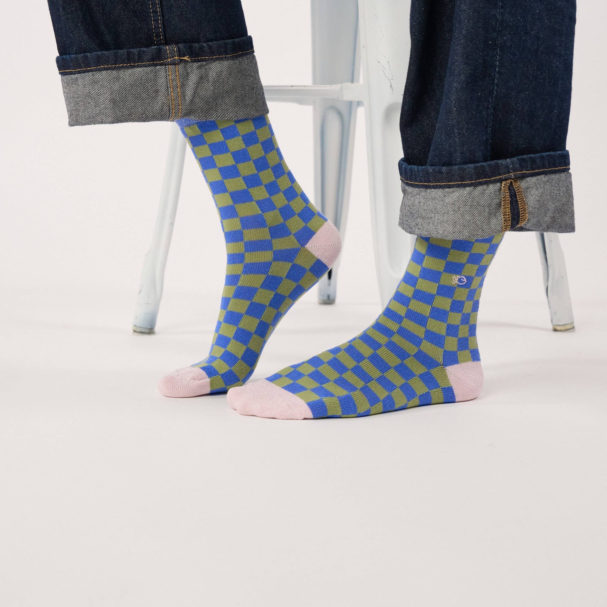 Damensocken kariert khaki/blau, One Size 36-40