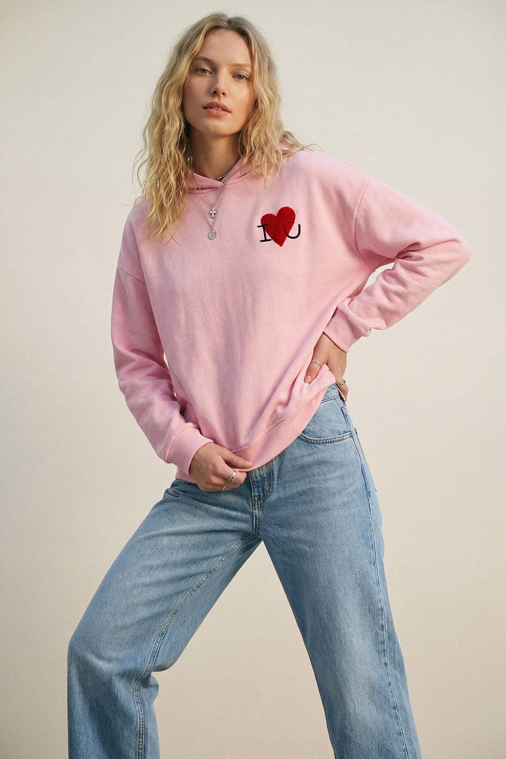 Hoodie mit Bouclé-Herz rosa, One Size