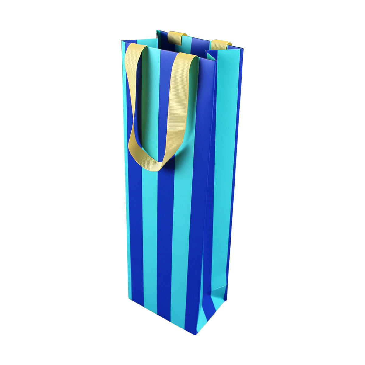 Geschenktasche für Flasche gestreift blau/mint/gelb, 12x8x37 cm