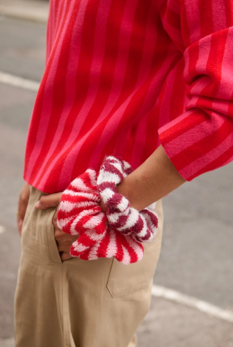 Haargummi gestrickt Streifen rosa-rot