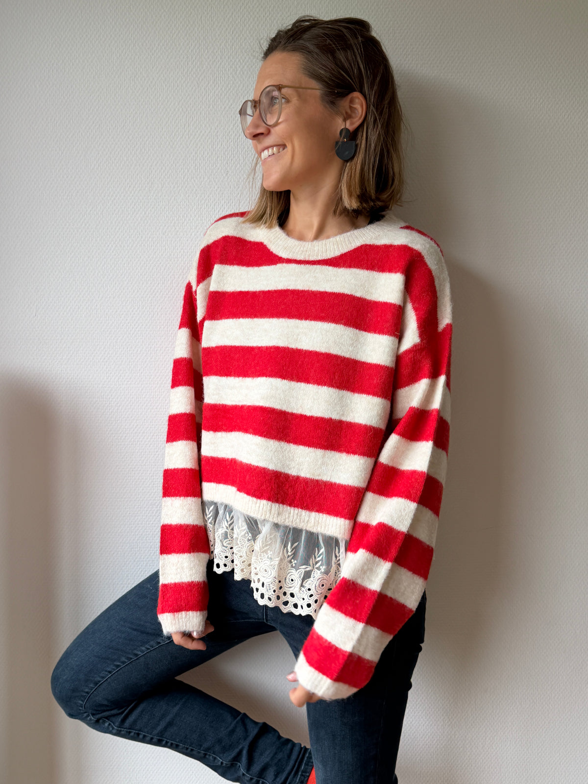 Pullover gestreift mit Spitzen rot-creme, One Size