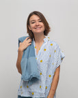 Kurzarm-Top Smiley weiss-hellblau gestreift, One Size