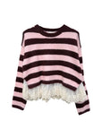Pullover gestreift mit Spitzen burgund-rosa, One Size