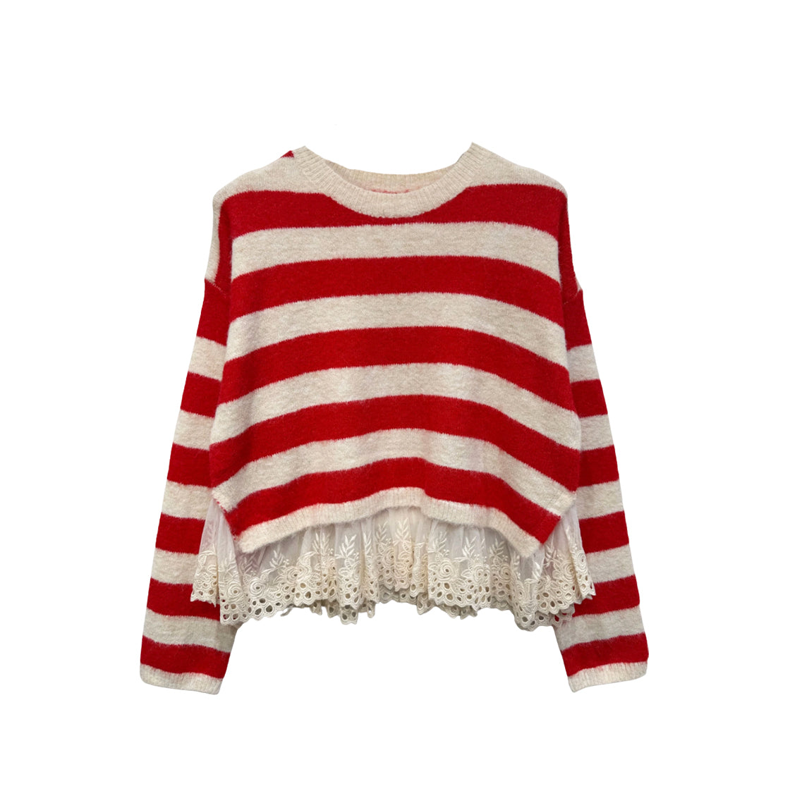 Pullover gestreift mit Spitzen rot-creme, One Size