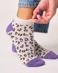 Glitzernde Knöchelsocken Leopardenmuster ecru/violett, One Size 36-40