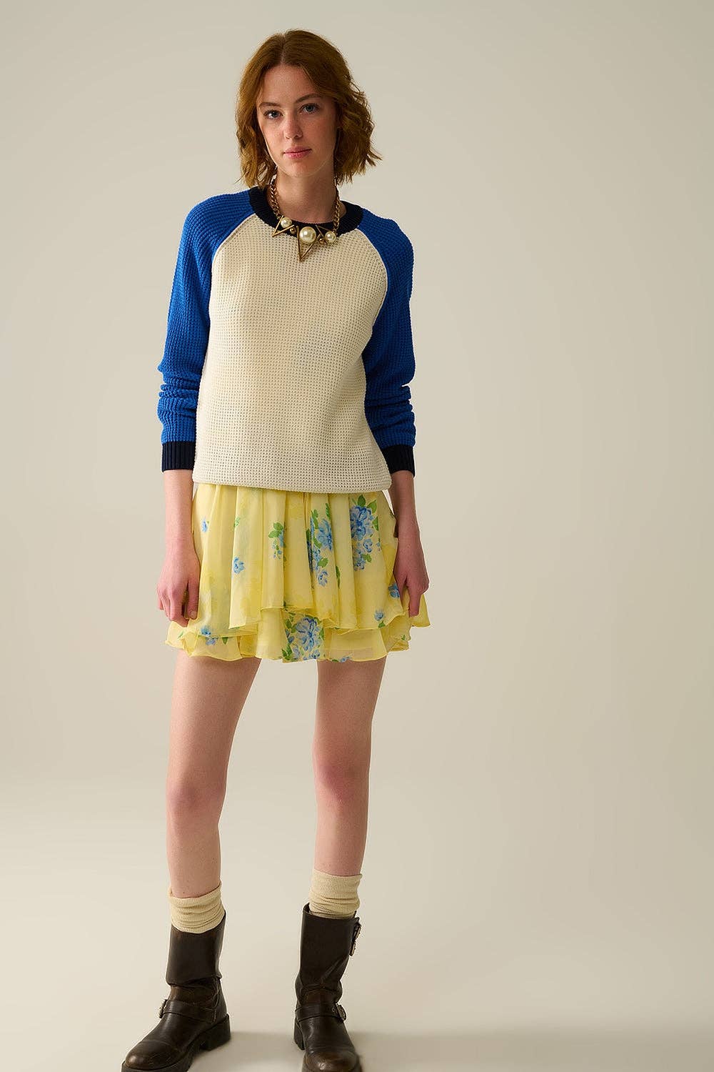 Waffelstrickpullover ecru/blau