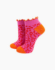 Knöchelsocken mit Leomuster und Rüschen pink-orange, One Size 36-40