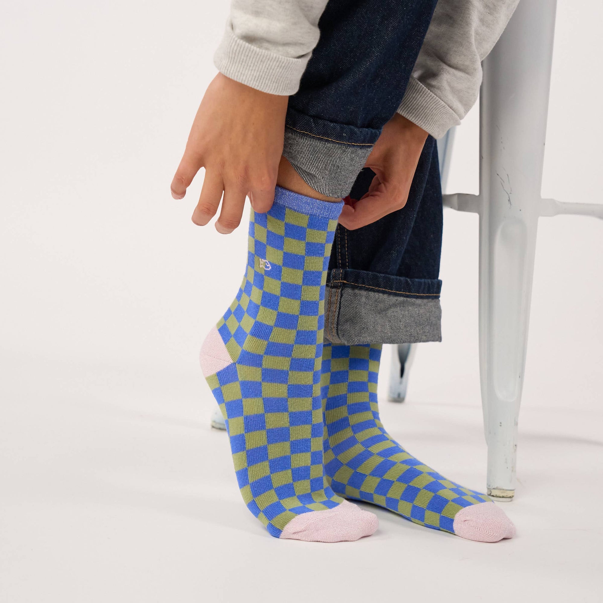 Damensocken kariert khaki/blau, One Size 36-40