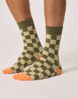Socken kariert grün/orange, One Size 41-46