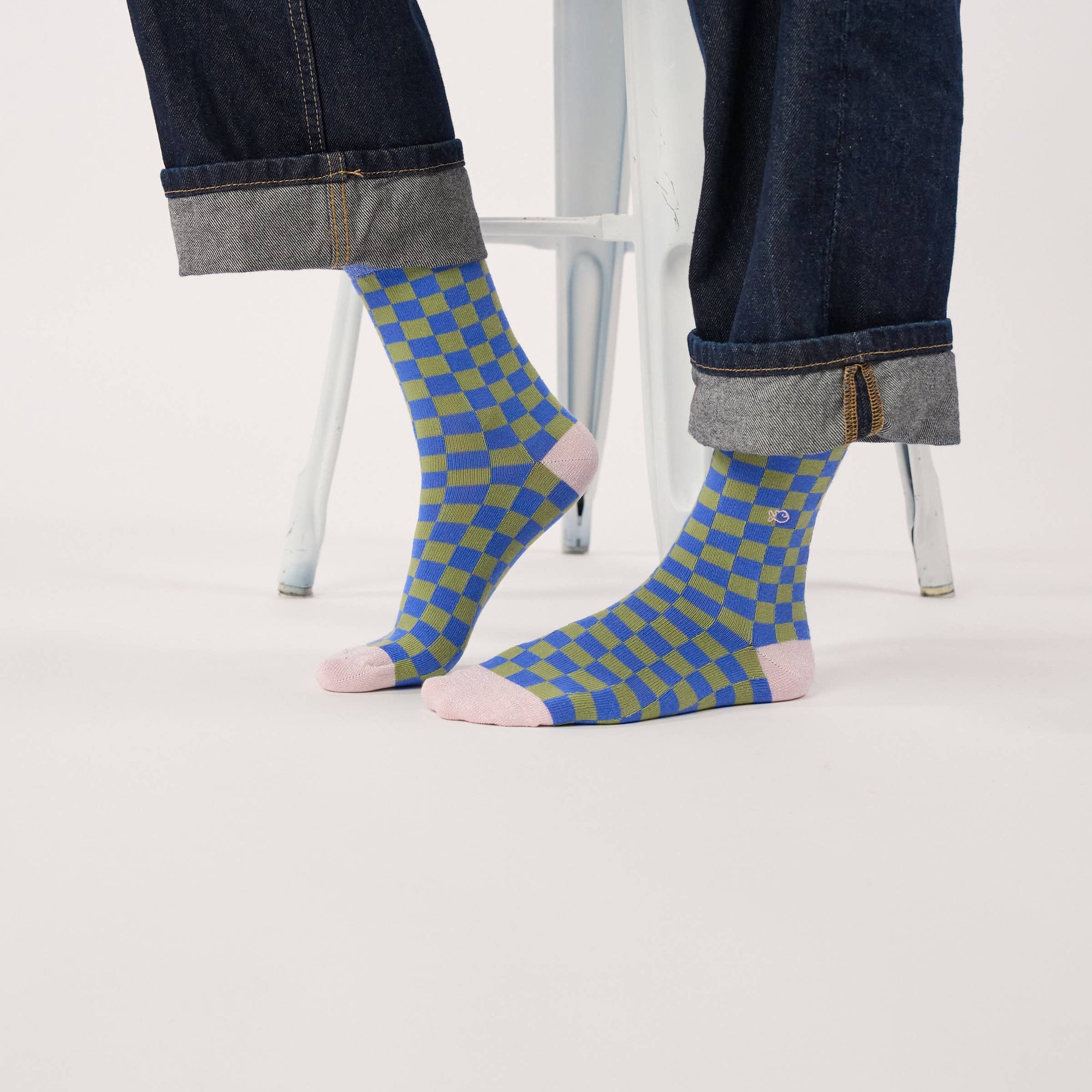 Damensocken kariert khaki/blau, One Size 36-40