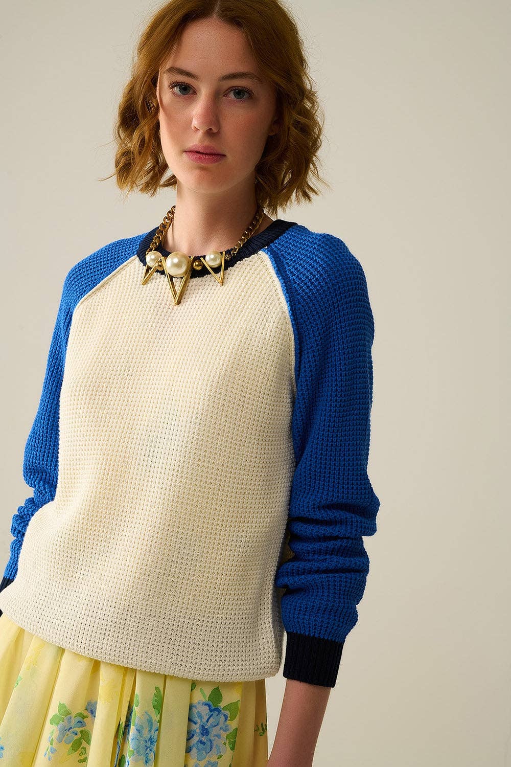 Waffelstrickpullover ecru/blau