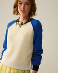 Waffelstrickpullover ecru/blau