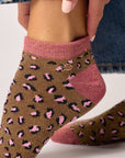 Glitzernde Knöchelsocken Leopardenmuster braun/rosa, One Size 36-40