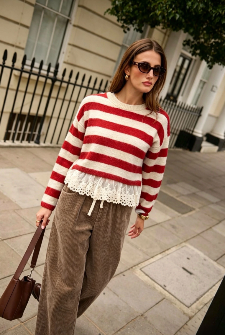 Pullover gestreift mit Spitzen rot-creme, One Size